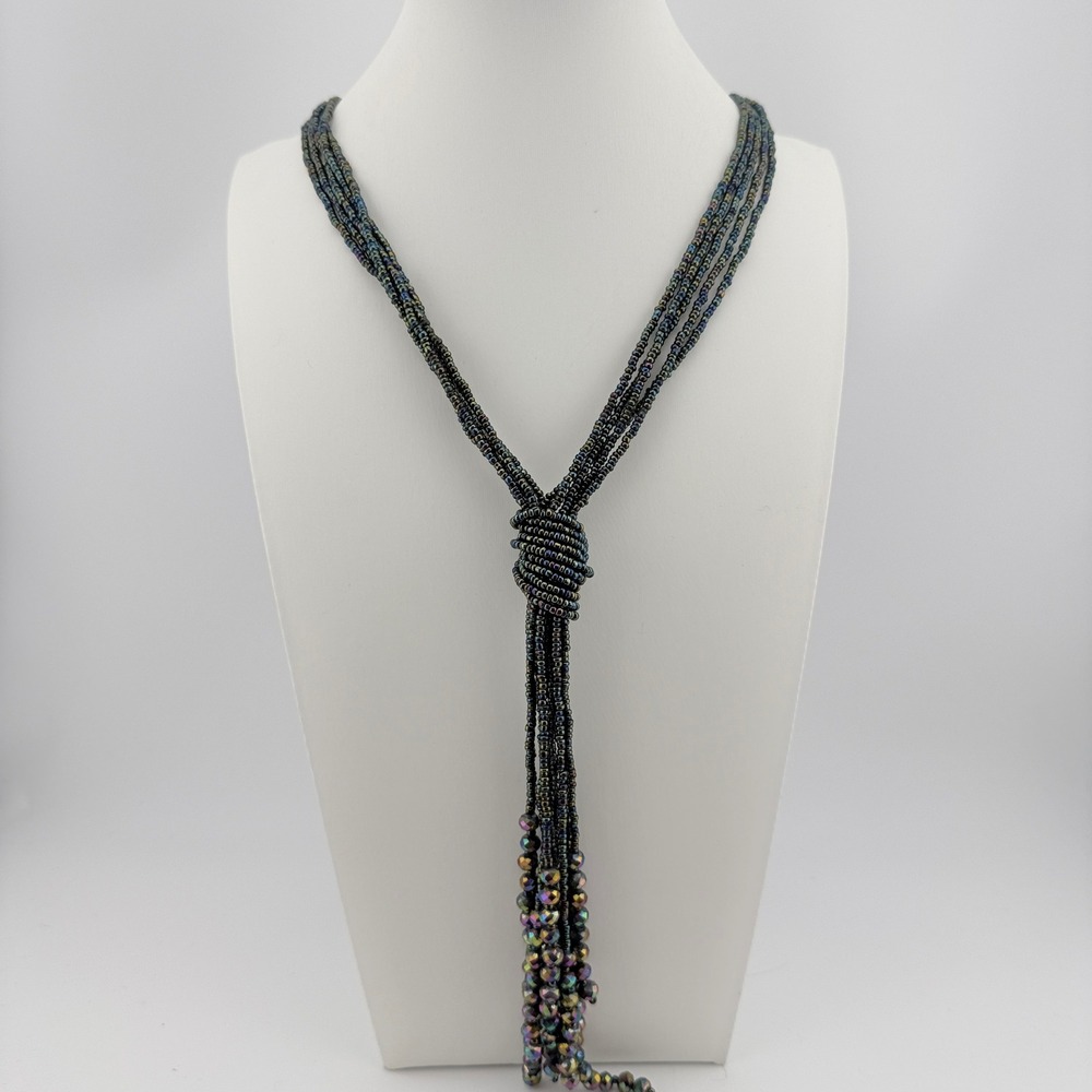 Iridescent Oil Slick Lariat Necklace Knotted Seed Bead Fringe Boho Statement